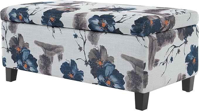 Christopher Knight Home Nesbit Living Room Ottoman with Storage, Entryway Fabric Upholstered Storage Ottoman Bench, Rectangular Sofa Foot Stool, Bedroom End of Bed Bench, Blue Flower+White