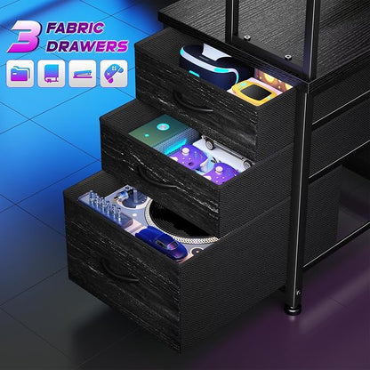 DurayLoly L Shaped Gaming Desk with 3 Fabric Drawers & Shelves for Storage | Reversible Computer Desk with LED Lights, Power Outlet and PC Stand of Home Office Desk for Bedroom,Dorm,Gaming Room,Black