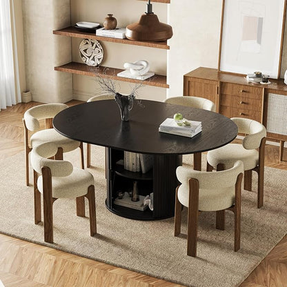 47''-63'' Extendable Round Dining Table for 4-6, Round Dining Room Table with Hidden Storage, Modern Wooden Kitchen Table with Fluted Sliding Door Cabinet for Dining Room Kitchen, Black