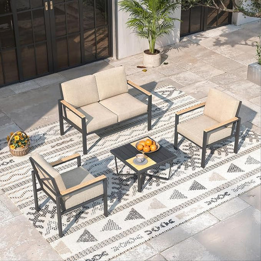 4 Piece Patio Furniture Set, All-Weather Sectional Sofa with 4 Inch Thick Cushions, 210g Fade-Resistant Spun-Dye Fabric, Outdoor Conversation Set with Coffee Table, Beige