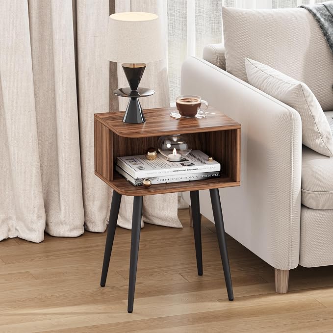 Nightstand Set of 2, Small Bed Side Table for Small Spaces, Mid Century Modern Nightstand End Table with Open Storage, Side Table for Bedroom Living Room, Walnut Brown MLBZ20R-2