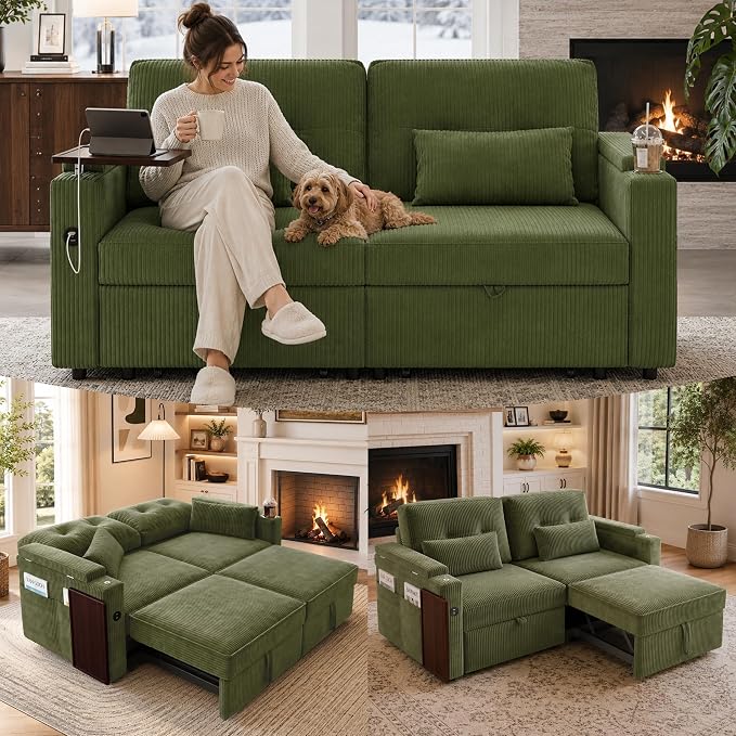 73" Queen Size Sofa Bed, Loveseat Sleeper Sofa with Pull Out Bed, 360° Swivel Table and USB, Modern 2 Seater Convertible Corduroy Couch for Living Room Bedroom Apartment, Green