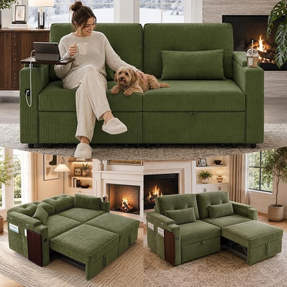 73" Queen Size Sofa Bed, Loveseat Sleeper Sofa with Pull Out Bed, 360° Swivel Table and USB, Modern 2 Seater Convertible Corduroy Couch for Living Room Bedroom Apartment, Green