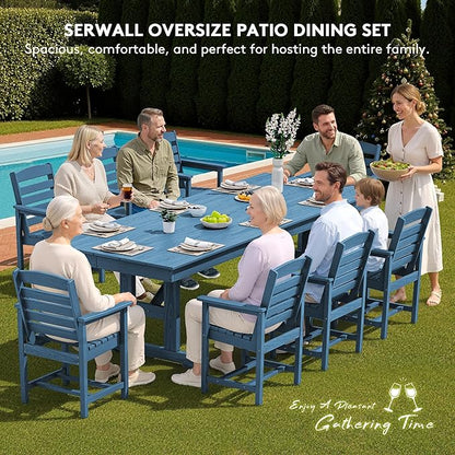 SERWALL 10 Piece 84" HDPE Outdoor Dining Set for 8 with 15ft Double-Sided Umbrella, Blue