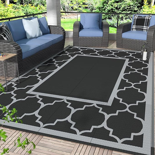 GENIMO Outdoor Rug 9' x 12' Waterproof for Patio Decor, Reversible Plastic Straw Area Rugs Mat for Camper, Outside Carpet for Camping, Rv, Deck, Porch, Picnic, Beach, Balcony, Black & Grey