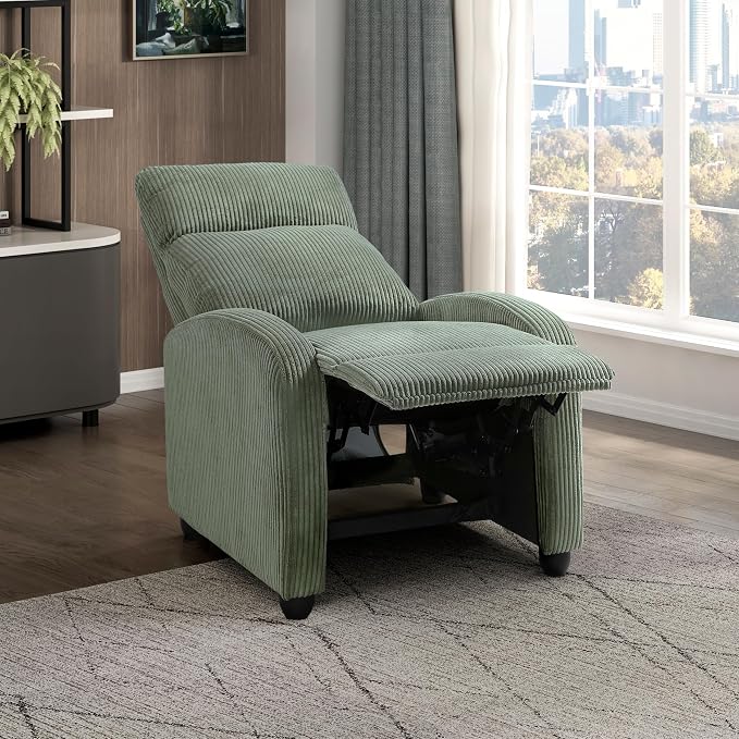 Lexicon Corduroy Pushback Recliner Chair Armchair Push Back Recliner, Solid Wood Frame and Metal Seat Base, Soft Single Sofa Accent Chair for Living Room/Office/Apartment, Easy Assembly, Green