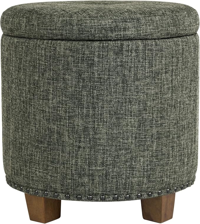 HomePop 18.5" Round Storage Ottoman with Nailheads - Green Clover Fabric