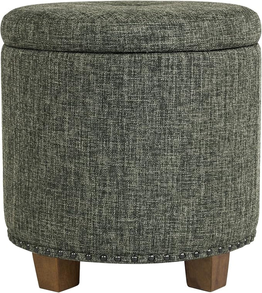 HomePop 18.5" Round Storage Ottoman with Nailheads - Green Clover Fabric