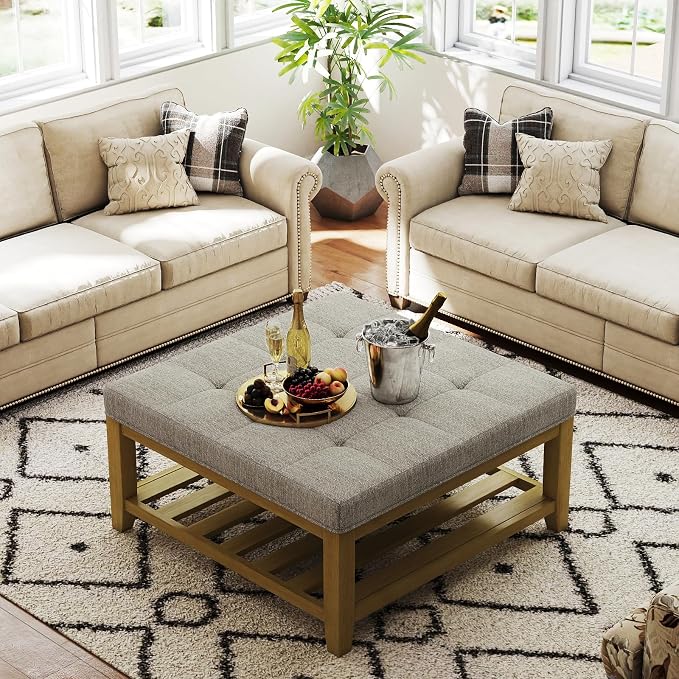 Befurtori Large Square Ottoman Coffee Table, Linen Solid Upholstered Footrest Ottoman with Solid Wood Shelf Storage Tufted Coffee Table for Bedroom Living Room, Linen