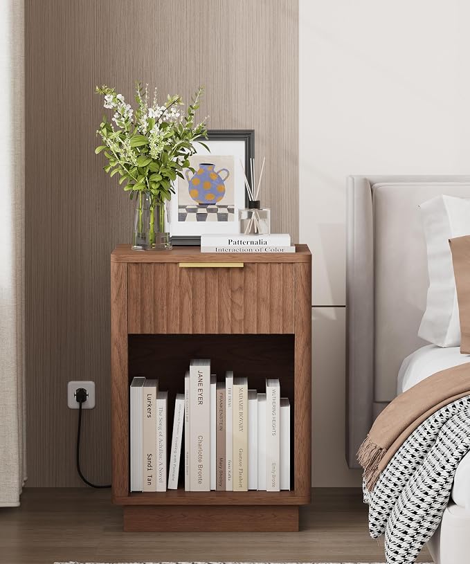 Akxomel Fluted Nightstand, Wooden Night Stand with Charging Station and LED Light, Modern Mid Century End Table with Drawer, 15" D x 15.7" W x 22.6" H, for Bedroom, Walnut