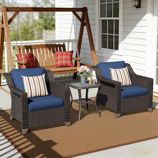 3 Pieces Patio Conversation Furniture Set - 2 Armchairs, 1 Side Table, Outdoor Wicker Furniture with Removable Cushions for Porch, Balcony, Deck, Sunroom (Blue)