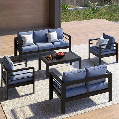 Kiss the Water Loveseat Aluminum Outdoor Patio Sofa Set, All Weather Rust-Proof Metal Patio Couch, Modern Outdoor Furniture for Backyard Porch Garden, 5" Thick Waterproof Olefin Cushions, Light Grey