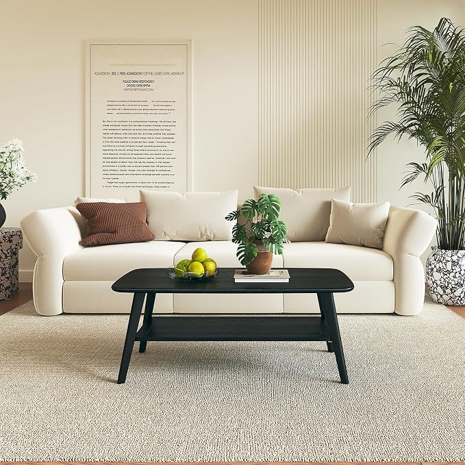 Coffee Table Small Solid Wood Center Table Mid Century Vintage Living Room Coffee Table, (Black 47.24 Inch)