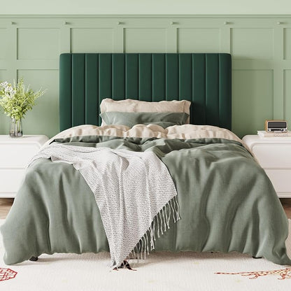 Allewie Twin Bed Frame, Velvet Upholstered Platform Bed with Adjustable Vertical Channel Tufted Headboard, Mattress Foundation with Strong Wooden Slats, Box Spring Optional, Easy Assembly, Green