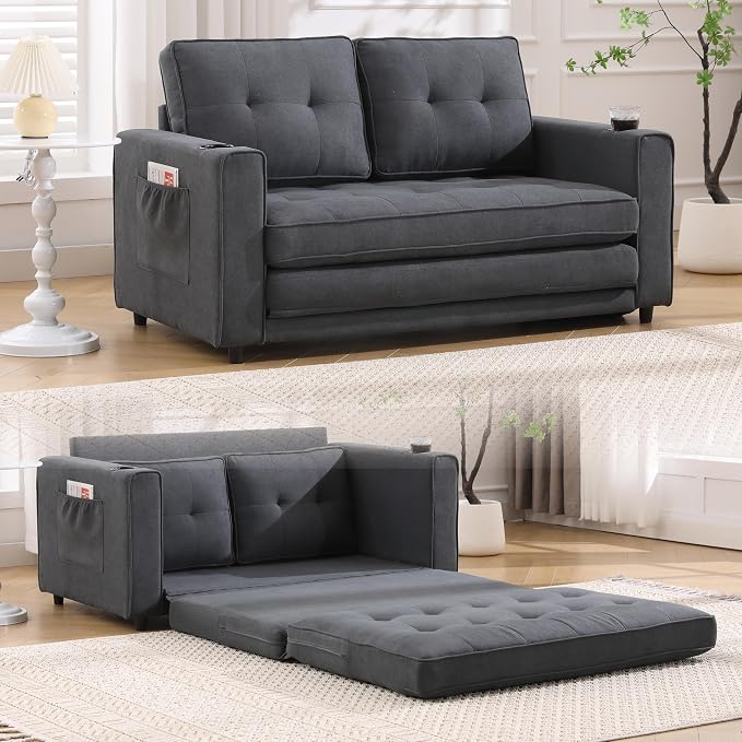 ERYE Foldable Loveseat Sofa Convertible Pull Out Sleeper Sofabed,2 Seat Tufted Upholstered Sofa Modern Convertible Sleeper Couch Bed with Cupholders and Side Pockets