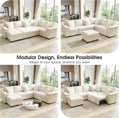 107.8" Modular Sectional Sleeper Sofa with Pull Out Bed, U Shaped 7 Seat Couch with 221L Storage, Convertible Cloud Couch Bed with Ottoman, Sectional Couches for Living Room, Apartment (Beige)