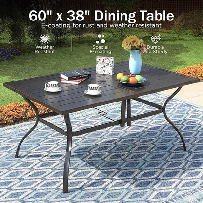 PHI VILLA Patio Dining Set for 6, Large Metal Dining Table with & 6 Outdoor Aluminum Stackable Chairs, Lightweight and Breathable Fabric, Outdoor Dining Set for Deck Porch, Grey