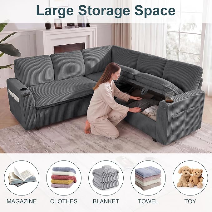 Sectional Sleeper Sofa with Pull Out Bed, Plush Corduroy 5 Seat Modular Sectional Sofa with Storage Chaise and Adjustable Backrest, Cloud Couches for Living Room, Apartment, Smoke Grey