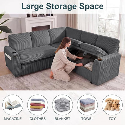Sectional Sleeper Sofa with Pull Out Bed, Plush Corduroy 5 Seat Modular Sectional Sofa with Storage Chaise and Adjustable Backrest, Cloud Couches for Living Room, Apartment, Smoke Grey