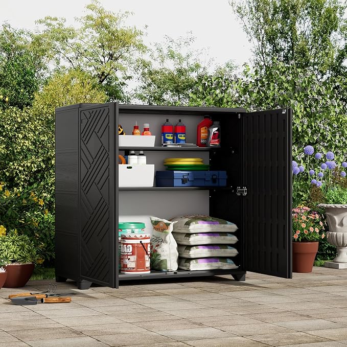 ZZM Indoor/Outdoor Storage Cabinet Waterproof, 34"x15"x34" Plastic Outdoor Storage Box for Garden Balcony Bathroom, All Weather Outdoor Storage Clearance, DIY Usage, with 2 Shelf (Black)