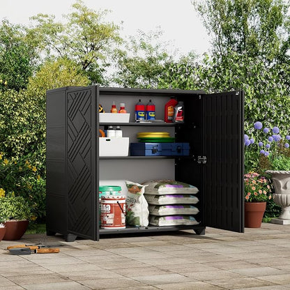 ZZM Indoor/Outdoor Storage Cabinet Waterproof, 34"x15"x34" Plastic Outdoor Storage Box for Garden Balcony Bathroom, All Weather Outdoor Storage Clearance, DIY Usage, with 2 Shelf (Black)