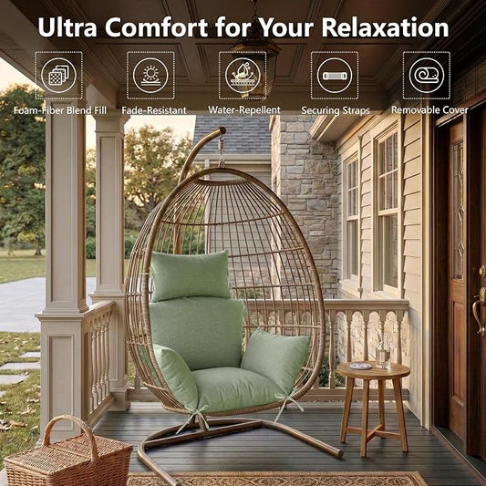 Egg Chair Cushion with 8 Securing Straps, Water-Repellent & Fade-Resistant Faux Linen, Removable Cover, Replacement Cushion for Most Single Outdoor Hanging Swing Egg Chairs – Sage Green