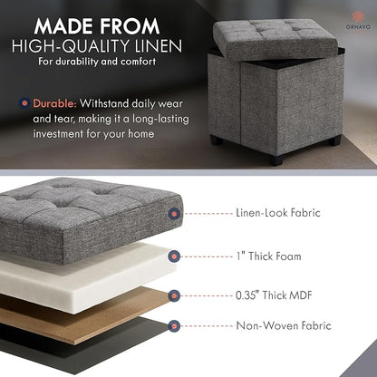 Ornavo Home Storage Ottoman with Legs, Square Cube Foot Rest Stool Seat, for Living Room, Bedroom, Home Office, Dorm - 15 x 15 x 15, Dark Gray