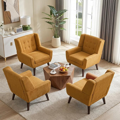 HUIMO Accent Chairs Set of 4, Upholstered Button Tufted Armchair, Linen Fabric Sofa Chairs for Bedroom, Living Room, Mid Century Modern Comfy Reading Chair (4, Yellow)