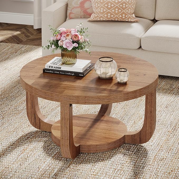 Tribesigns Round Coffee Table, 2-Tier Circle Coffee Table with Storage, Modern Wooden Accent Center Table for Living Room, Thick Tabletop & Base (Rustic Brown)