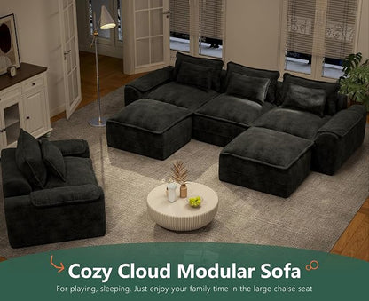 Hobestluk 120" Cloud Modular Sectional Couch 3-Seater Sofa with Ottomans U Shaped Couches Deep Seat Boneless Sofa Large Sofa for Living Room (Dark Grey, 3-Seater Sofa with Two Ottomans)