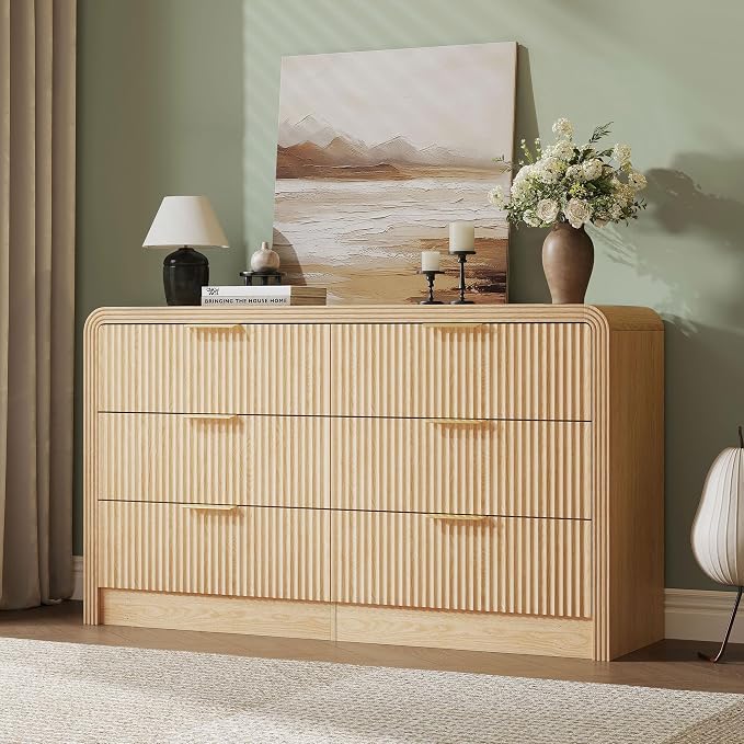 Decofy Fluted Drawers Dresser for Bedroom, Wood Dressers with Gold Handles, Modern Dressers with Wave Texture, Large Storage Chest of Drawers, Bedroom Dresser Organizer 55'' & 6 Drawers (Natural Oak)