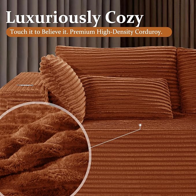 72" Cloud Sectional Couch, Comfort Sleep Sofa for Living Room, Extra Deep Seats No Assembly, Minimalist Modular Couch, Corduroy (Deep Orange, Loveseat Chaise)