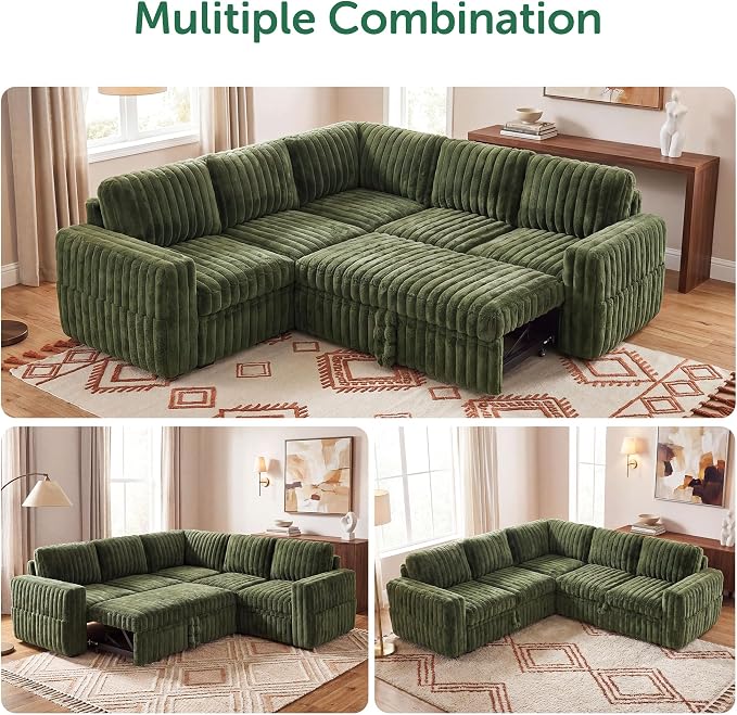 HONBAY Plush Corduroy Modular Sectional Sofa with Pull Out Bed, Convertible L Shaped Couch with Storage,Sleeper Sectional Couches for Living Room,Plush Green