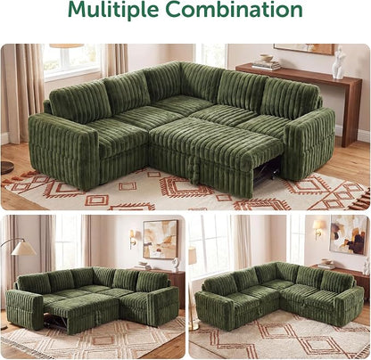 HONBAY Plush Corduroy Modular Sectional Sofa with Pull Out Bed, Convertible L Shaped Couch with Storage,Sleeper Sectional Couches for Living Room,Plush Green