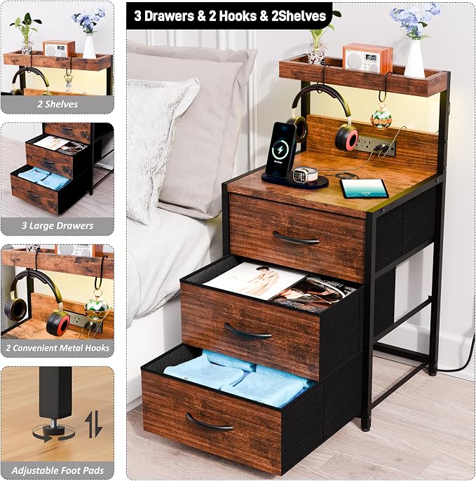 SZLHANJZ Nightstands Set of 2, End Table with LED Light and Charging Station Type C, 3 Drawers Storage Night Stand with Hooks, Tall Bed Side Table for Bedroom Dorm, Rustic Brown