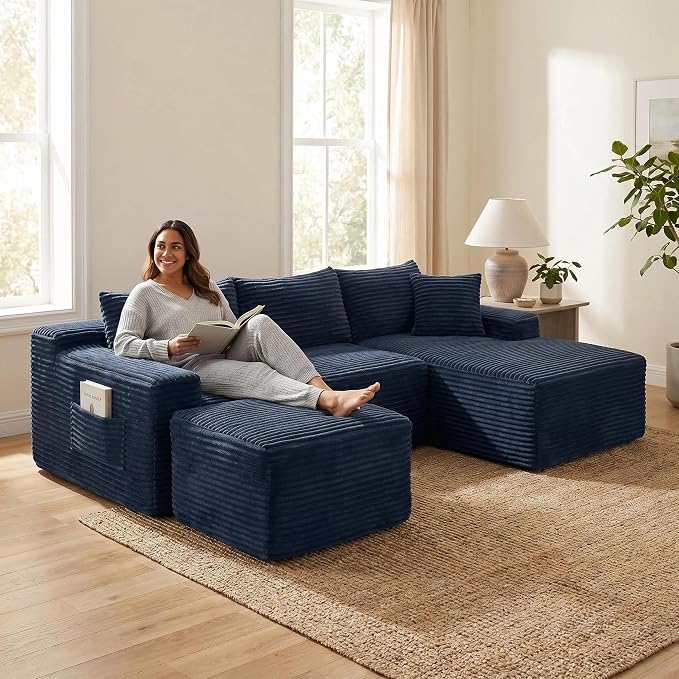 95-Inch U-Shaped Right Facing Corner Compressed Sofa Modular Sectional Boneless Cloud Sofa Floor Foam Couch W/Chaise Lounge & Ottoman, Corduroy Corner Boneless Cloud Couch