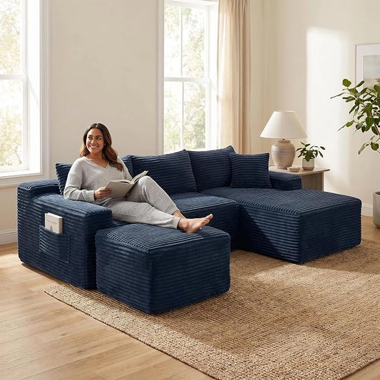 95-Inch U-Shaped Right Facing Corner Compressed Sofa Modular Sectional Boneless Cloud Sofa Floor Foam Couch W/Chaise Lounge & Ottoman, Corduroy Corner Boneless Cloud Couch