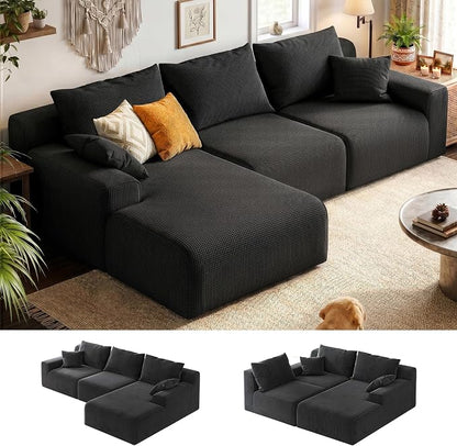 Homkdom 98" Boneless Modular Sectional Sofa, Cloud Couch with 27" Deep Seat & Oversized Chaise, L-Shaped High-Density Foam Sofa for Living Room, No Assembly Required (Black-Check, Left Facing)