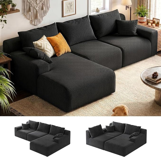 Homkdom 98" Boneless Modular Sectional Sofa, Cloud Couch with 27" Deep Seat & Oversized Chaise, L-Shaped High-Density Foam Sofa for Living Room, No Assembly Required (Black-Check, Left Facing)