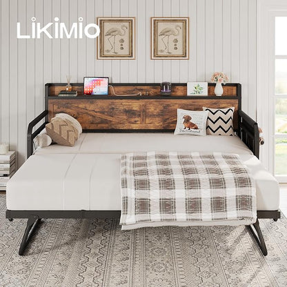 LIKIMIO Twin Daybed, Daybeds with Pop Up Trundle, Storage Headboard with Charging Station, Strong Supports for Apartment and Other Small Space, Industrial Brown