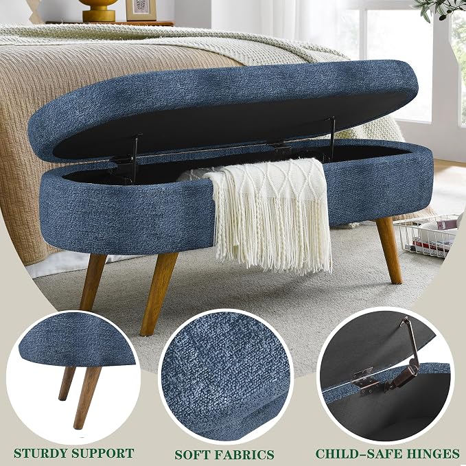 43.5" Ottoman with Storage, Storage Ottoman Bench with Safety Hinge, Foam End of Bed Bench, Upholstered Entryway Bench for Bedroom, Living Room & Window, Holds up to 330 lb, Dark Blue
