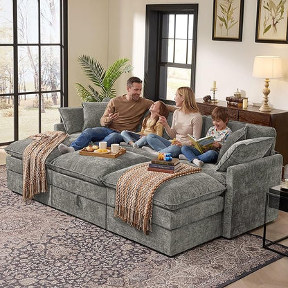 Ihanherry Oversized Sectional Sofa Bed with Storage, 103" 6-Seater Modular Cloud Couch with Movable Ottomans, Chenille Deep Seat Sleeper Couches for Living Room (Grey)
