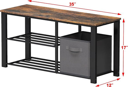 Simple Houseware 2 Tier Shoes Bench with Wood Top and Storage Bins, Rustic Brown