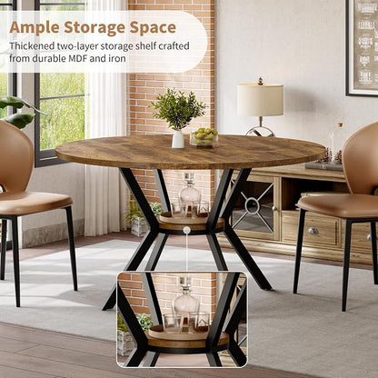 MECHYIN Round Dining Table for 2-4, 42 Inch Wood Kitchen & Dining Room Tables with Storage, Circle Dinner Table with Metal Legs, Space Saving Small Table for Dining Room, Kitchen, Rustic Brown