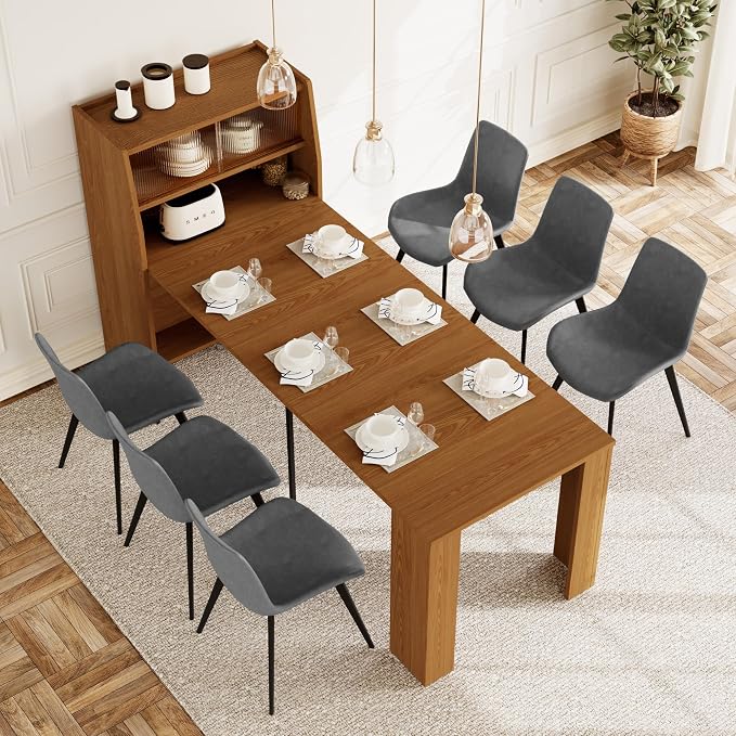 HIPIHOM 86.6" Extendable Kitchen Table Set for 6, Storage Cabinet | Space-saving Extendable MDF Dining Set with 6 Grey Chairs, Family Meal, Apartment, Small Room