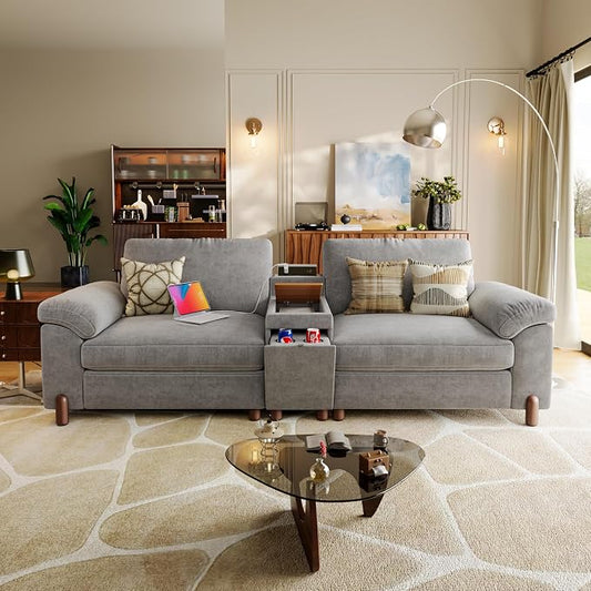 SITJOY Large Cloud Couch, 100" Wide Loveseat Sofa, Chenille in Light Gray | Detachable and Washable Chenille Cover Sectional Sofas for Living Room, Deep Seat Wide Couch with Cuphoders