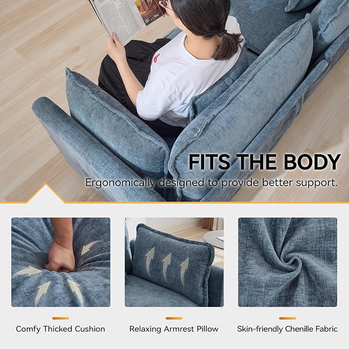 113'' V Shaped Cloud Sectional Sofa, Oversized Deep Seat Couches for Living Room, Chenille Comfy Upholstered Modular Sectional Sofa Couch,Blue
