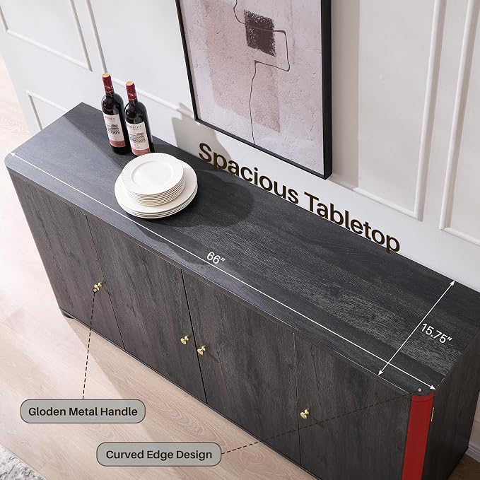 IFGET Curved Buffet Cabinet with Doors, 66" Large Sideboard Buffet Storage Cabinet with 4 Doors and Shleves, Modern Coffee Bar Station Wood Kitchen Table for Kitchen, Dining Room, Dark Grey