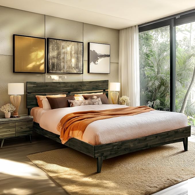 Acacia Aurora Wooden Bed with Headboard, King Size Bed Frame, 800lbs Capacity Wood Bed Compatible with All Mattress Types, Non-Slip & Noise-Free, Wood Slats Support, Easy Assembly, Mocha.