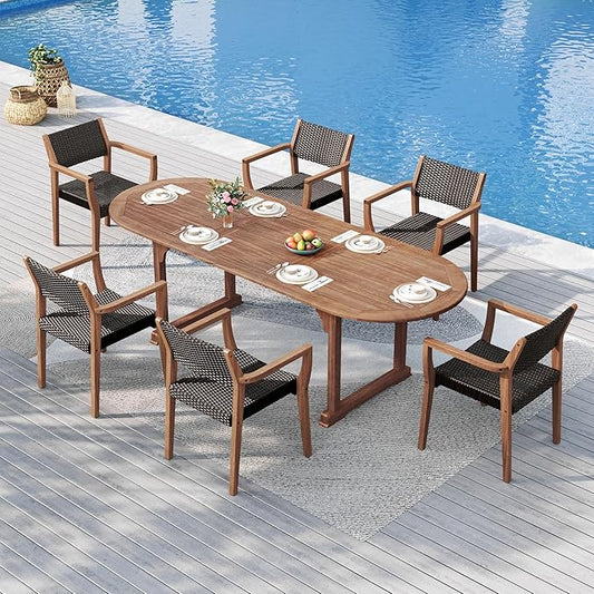 Sophia & William Patio Outdoor Table and Chairs Set, Patio Dining Sets for 6, 7 Pieces Patio Table Set Acacia Wood Table Expandable and Rattan Chairs for Backyard Deck Porch Outside